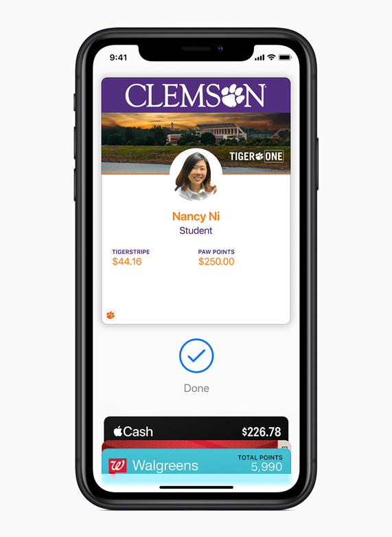 iPhone displaying a Clemson University student ID in Apple Wallet.