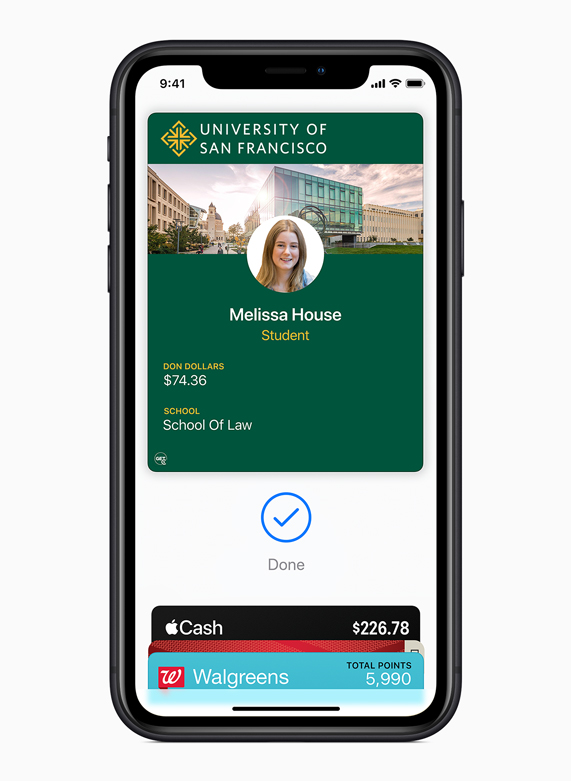 iPhone displaying a University of San Francisco student ID in Apple Wallet.