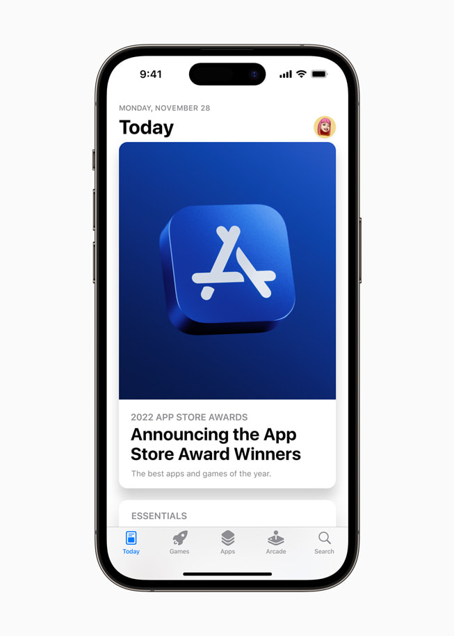 Onglet Aujourd’hui dans l’app App Store sur un iPhone 14 Pro.