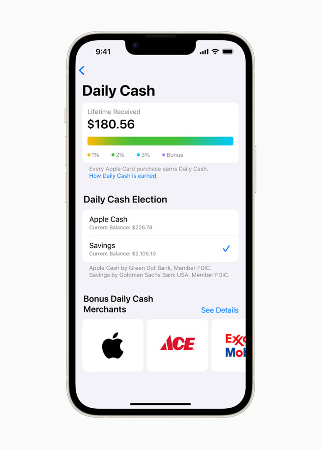Den nya Daily Cash-hubben visas i en användares Apple Card-konto på iPhone.