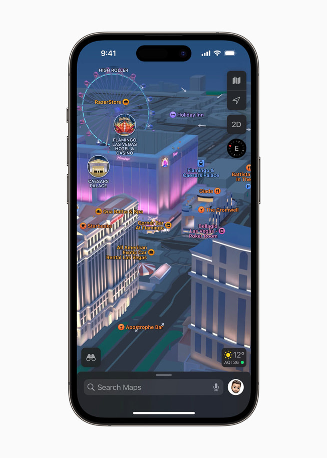 La vue en 3D du Strip de Las Vegas est affichée sur un iPhone 14 Pro.