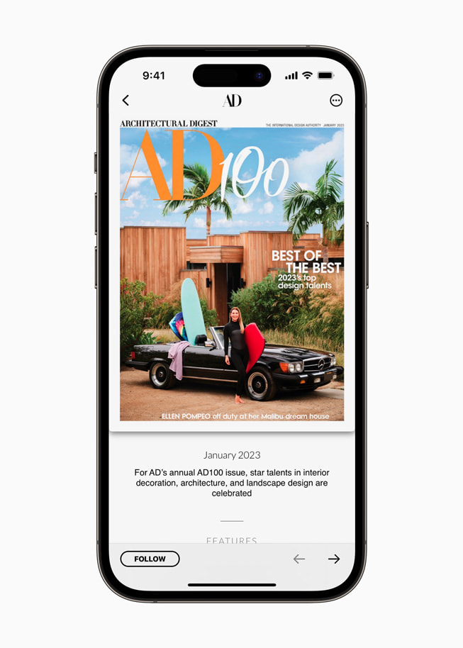Un numéro du magazine Architectural Digest sur Apple News+ est affiché sur un iPhone 14 Pro.