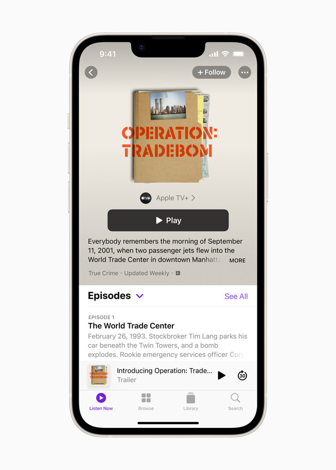 An iPhone screen shows the Apple Podcasts landing page for “Operation: Tradebom.” 