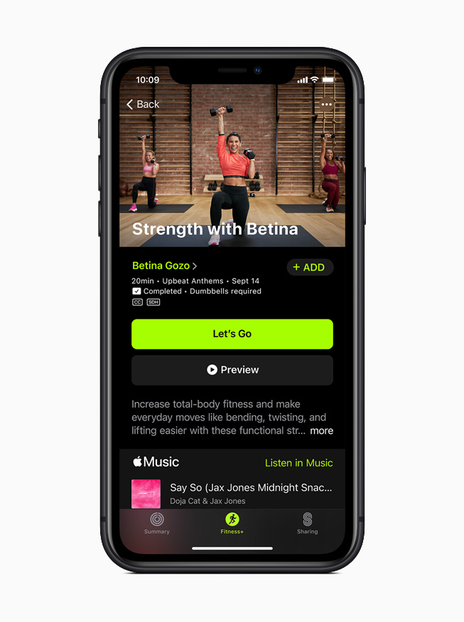 Strength training workout in Apple Fitness+ displayed on iPhone 11 Pro.