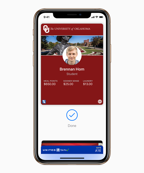 A screenshot of the University of Oklahoma student ID card in Apple Wallet.