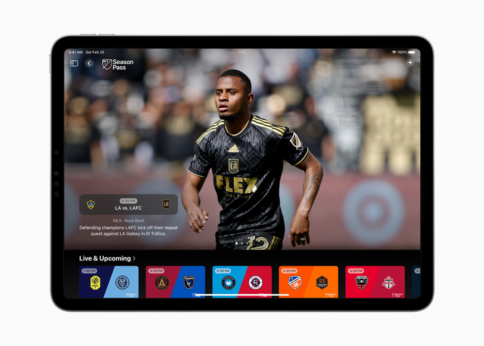 在 iPad Pro 上的 Apple TV app，展示包含洛杉磯 FC 的 MLS Season Pass。