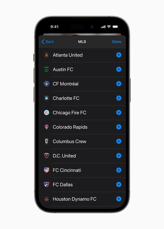 Lista med MLS-lag i Apple TV-appen på iPhone 14 Pro.
