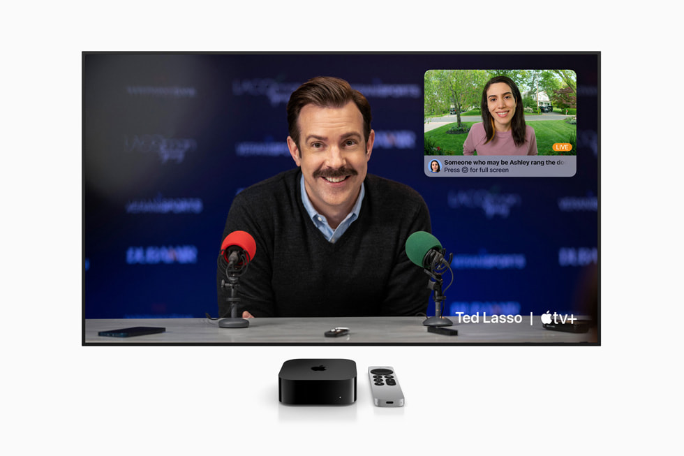 The Apple Original series “Ted Lasso” is shown on screen on Apple TV 4K.