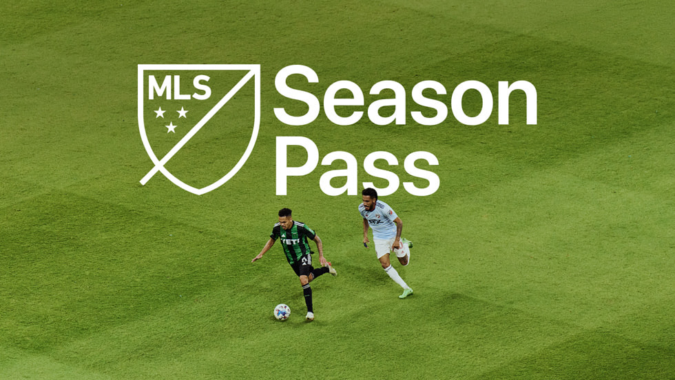 MLS 季票標誌，搭配兩名足球運動員在場上的圖片。