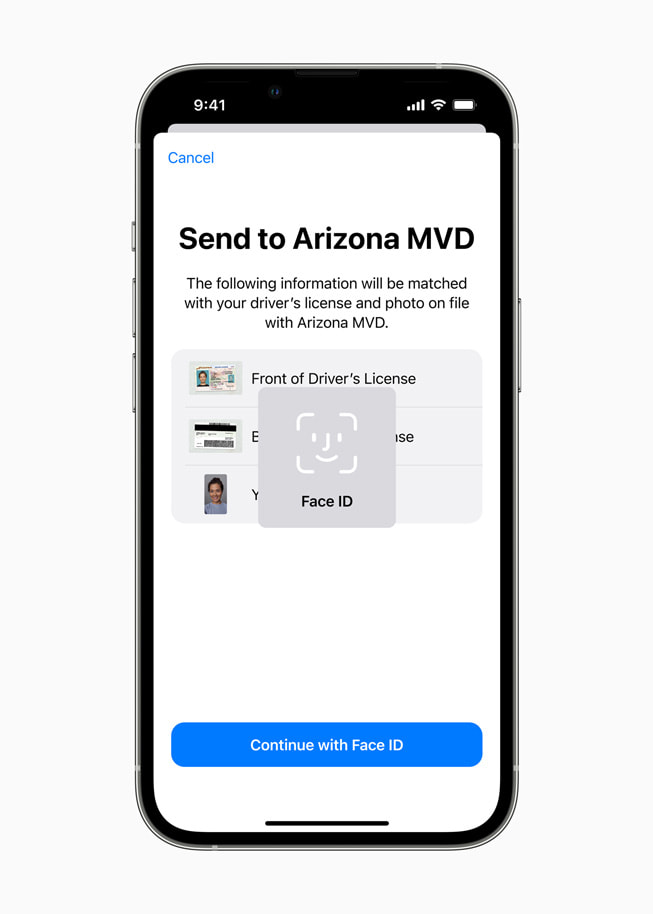 A user is walked through the process of submitting their photos and information to their local state agency using Face ID.