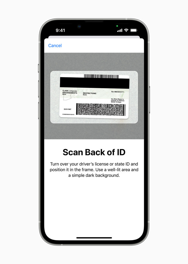 A user is prompted to scan the back of their driver's license in Wallet.