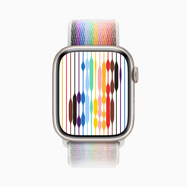 Un gros plan du nouveau cadran Pride Threads de l’Apple Watch.