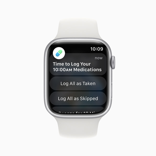 Novo app Medicamentos exibido no Apple Watch Series 8.