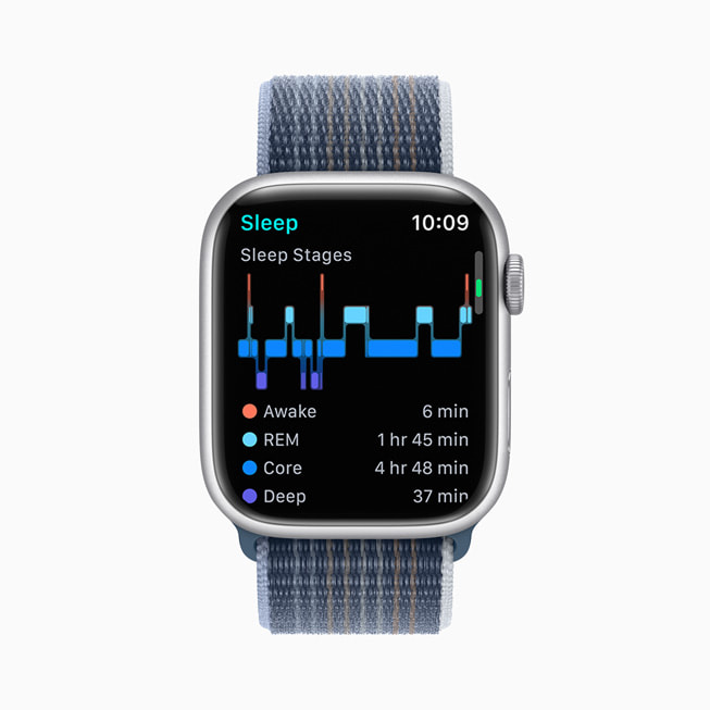 Um gráfico dos estágios do sono no watchOS 9 exibido no Apple Watch Series 8.