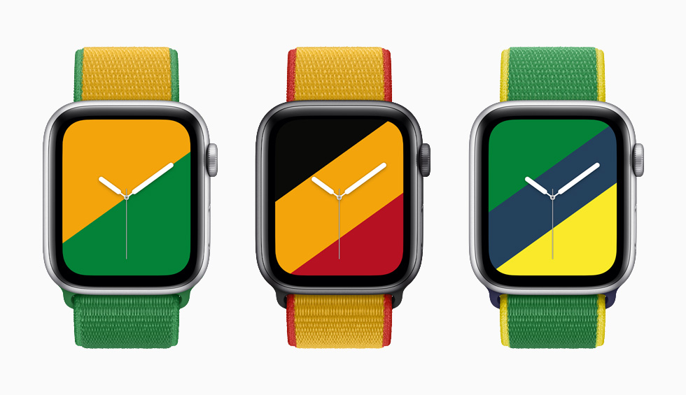 Australia, Belgium, and Brazil International Collection Sport Loop bands with matching Stripes watch faces on Apple Watch Series 6.