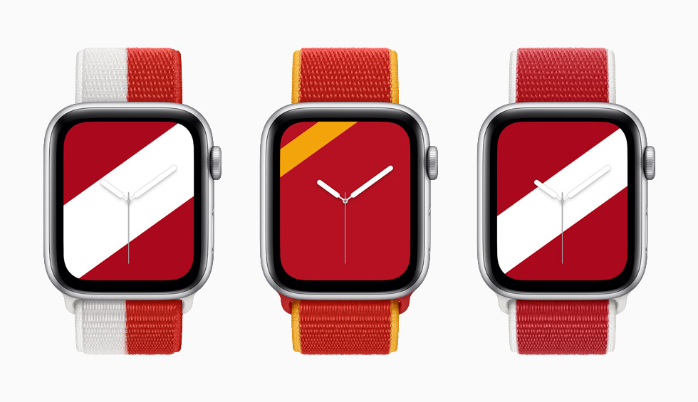 캐나다, 중국, 덴마크 인터내셔널 컬렉션 스포츠 루프 밴드와 밴드에 어울리는 스트라이프 시계 페이스가 탑재된 Apple Watch Series 6.