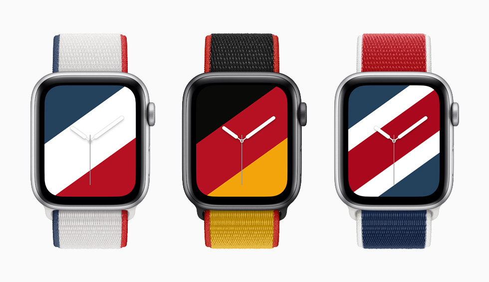 法國、德國和英國的 Apple Watch 國際系列運動型錶環，並搭配 Stripes 錶面的 Apple Watch Series 6 。