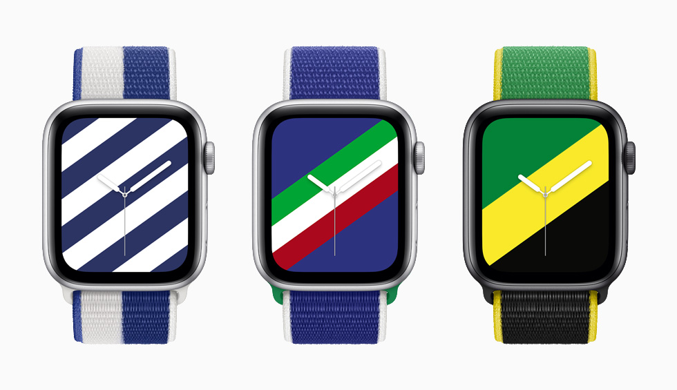 International Collection Sport Loop Armbänder in den Landesfarben von Griechenland, Italien und Jamaika mit passenden Streifen-Zifferblättern auf Apple Watch Series 6.
