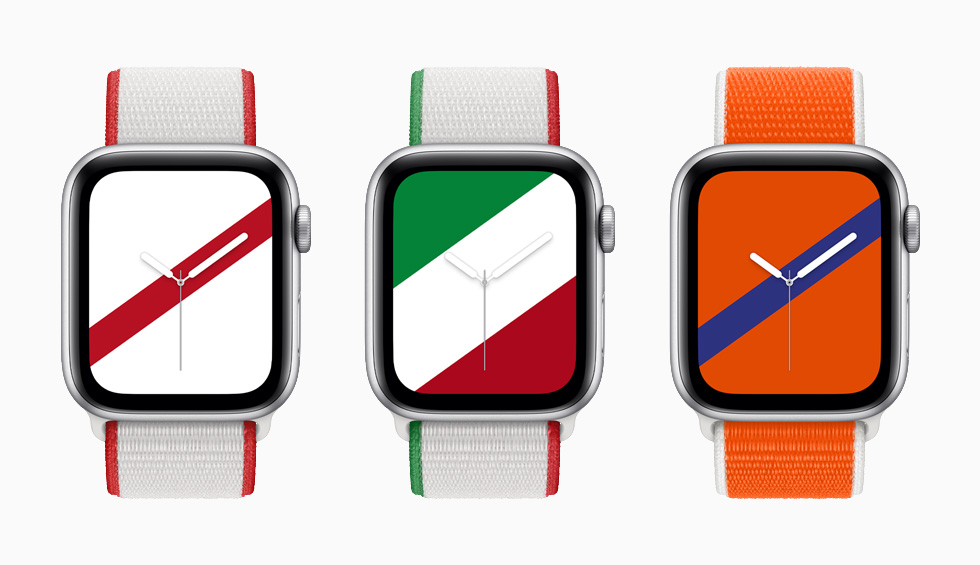 日本、メキシコ、オランダのインターナショナルコレクションスポーツループバンドと対応するストライプ文字盤がApple Watch Series 6に表示されている様子。