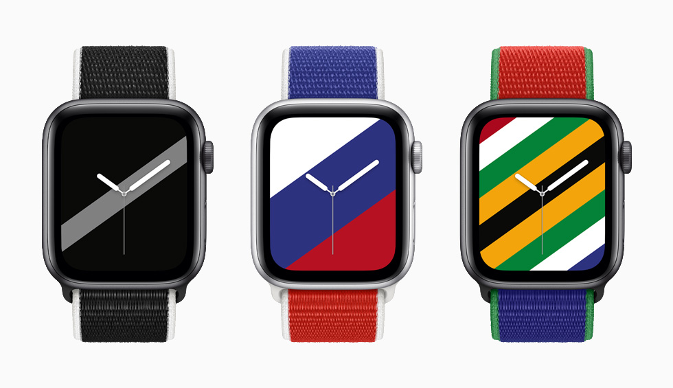 International Collection Sport Loop Armbänder in den Landesfarben von Neuseeland, Russland und Südafrika mit passenden Streifen-Zifferblättern auf Apple Watch Series 6.
