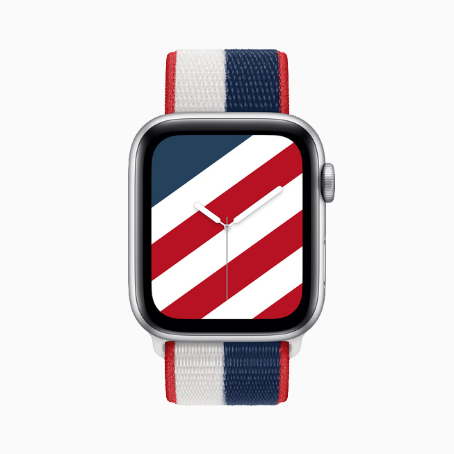 米国のインターナショナルコレクションスポーツループと、対応するストライプ文字盤が表示されたApple Watch Series 6。