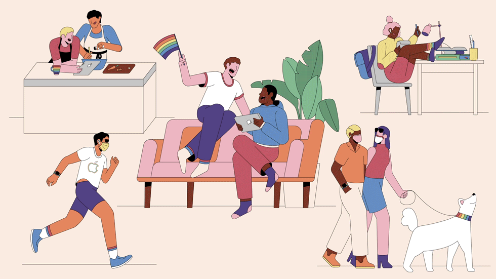 An animated illustration of people celebrating Pride.