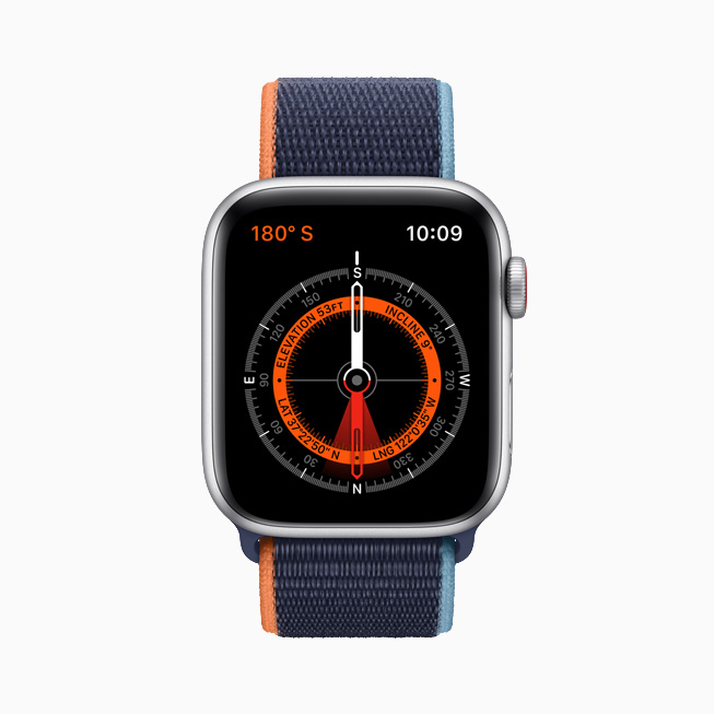 Compass watch face displayed on Apple Watch SE.