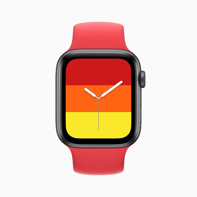 ストライプの文字盤を表示したApple Watch SE。