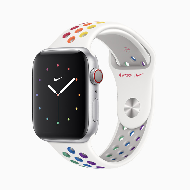 The Apple Watch Nike Sport Band and face, reimagined for Pride.