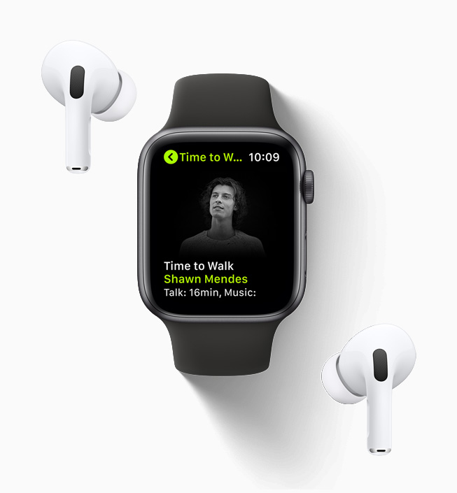 Time to Walk guest Shawn Mendes episode displayed on Apple Watch with AirPods Pro.