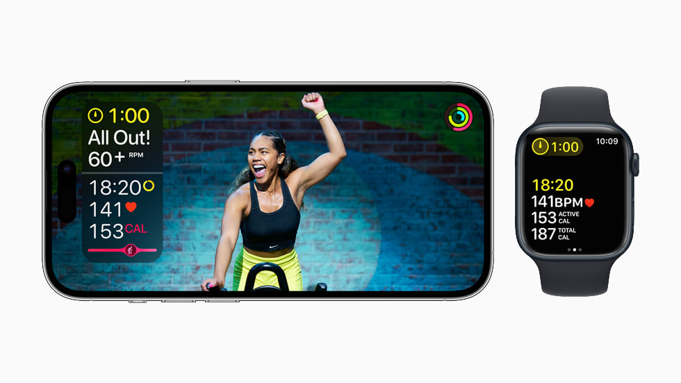 Apple Fitness+ workout featuring onscreen guidance with watchOS 9 on Apple Watch Series 8 through iPhone 14 Pro.