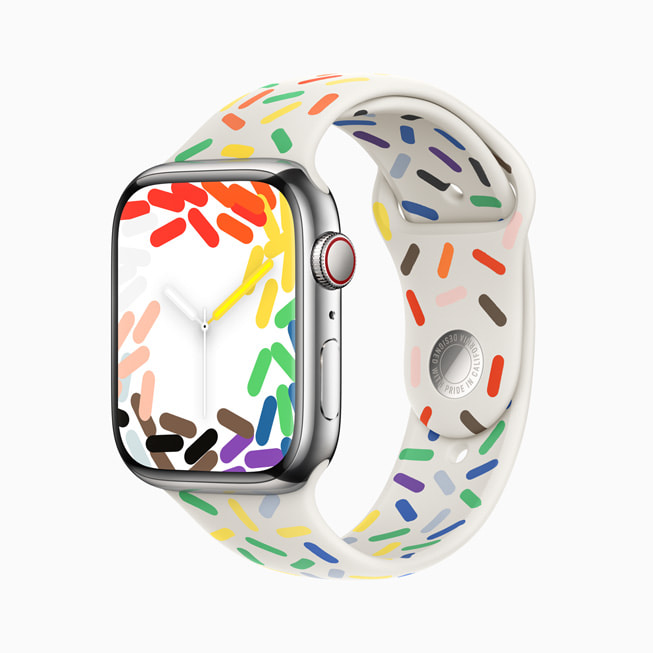 The new Apple Watch Pride Edition watch face and band design on Apple Watch Series 8. 