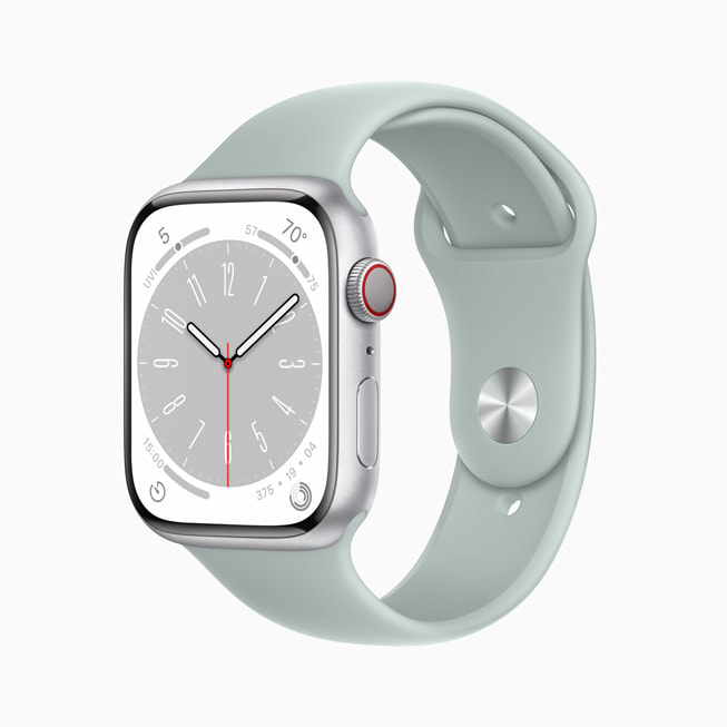 The new Apple Watch Series 8 in silver aluminum.