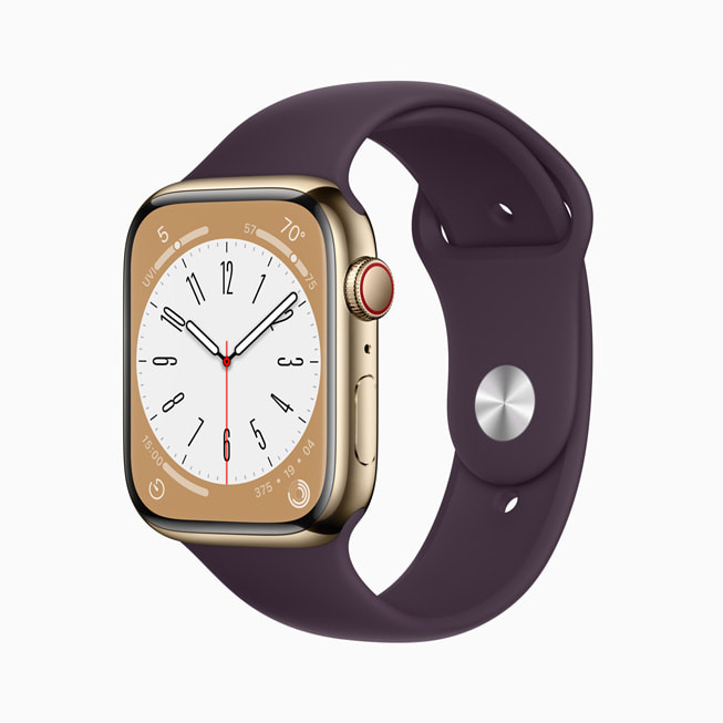 搭配金色不鏽鋼錶殼的全新 Apple Watch Series 8。