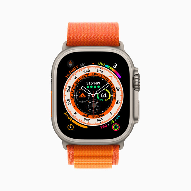 Apple Watch Ultra con cinturino Alpine Loop arancione mostra il quadrante Wayfinder.