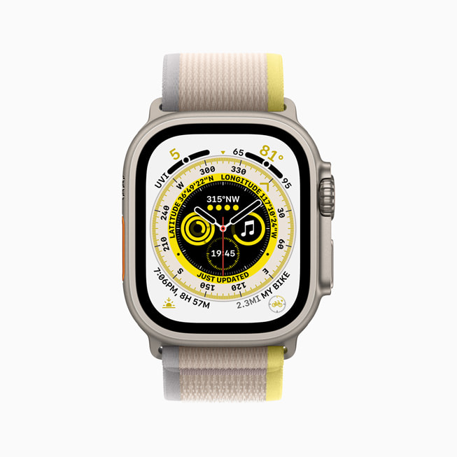 全新「尋路者」錶面的 Apple Watch Ultra 圖片。