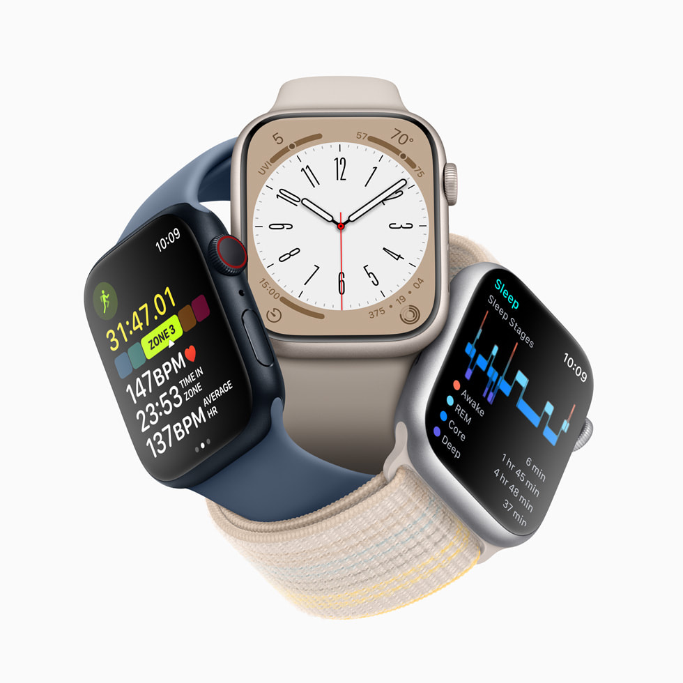 Three Apple Watch devices are grouped together and show Heart Rate Zones in the Workout app, the new Metropolitan watch face, and sleep stages.