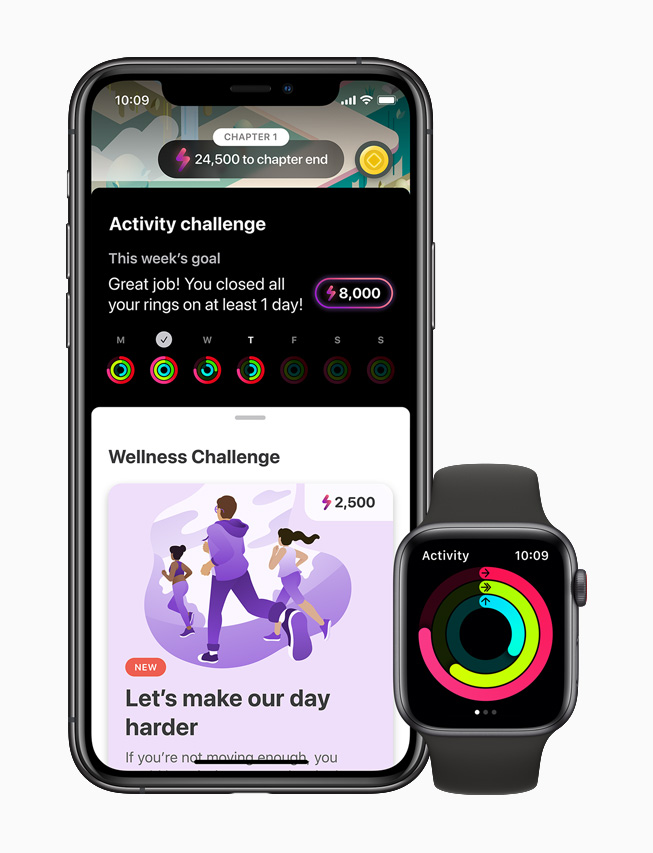 Imagen de la app LumiHealth en el iPhone 11 Pro enlazada con la app Actividad en el Apple Watch Series 6.