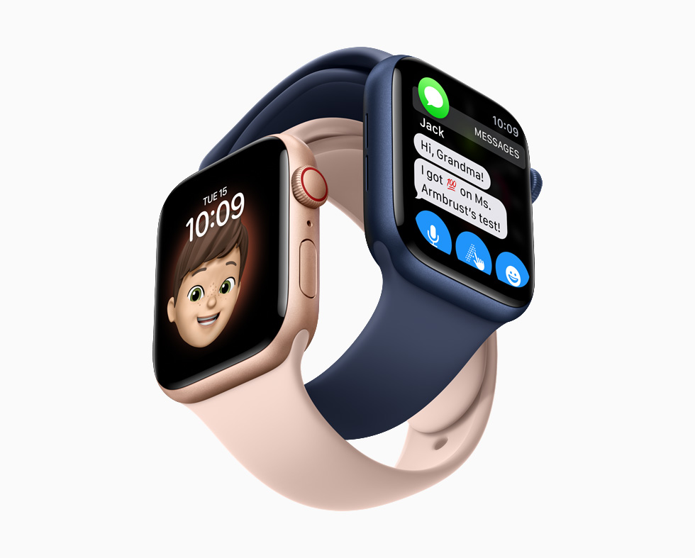 Apple Watch의 미모티콘 시계 페이스와 메시지.