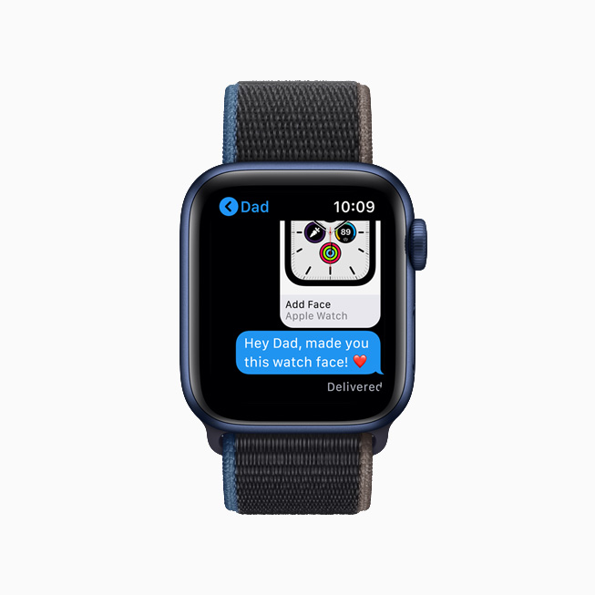 Compartilhamento do mostrador em Mensagens no Apple Watch. 