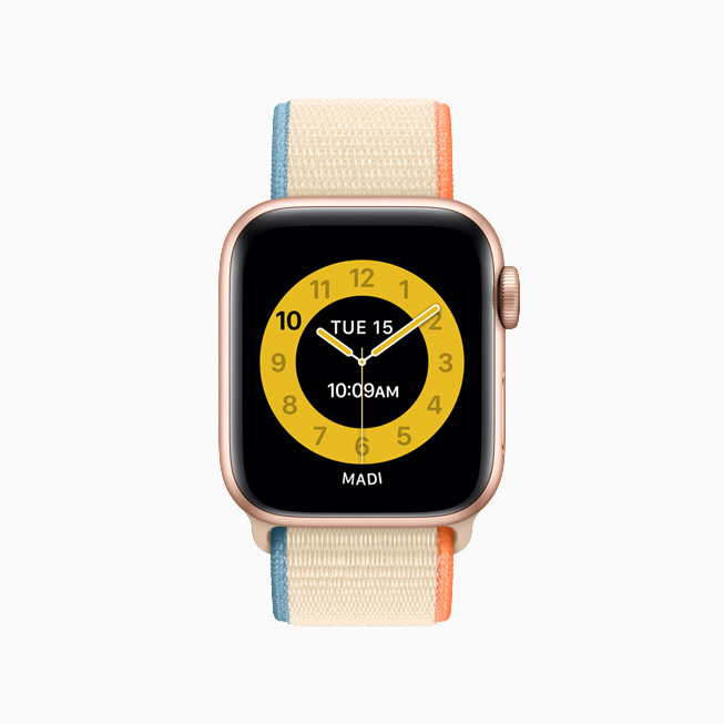 Gele wijzerplaat op Apple Watch in Schooltijd-modus. 