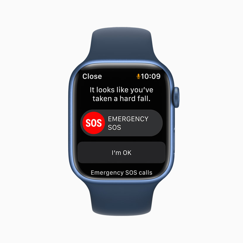 Apple Watch Series 7 affichant une alerte de Détection de chute. Elle demande à la personne qui porte l’Apple Watch si elle a fait une mauvaise chute et si elle souhaite contacter les services d’urgence.