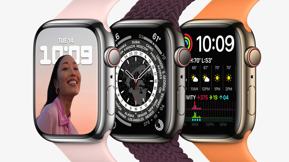 Three Apple Watch Series 7 are shown from an angled view that shows their front and left side.