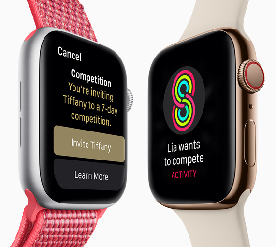 Two Apple Watch Series 4 side by side, showing one user challenging a friend to a competition.