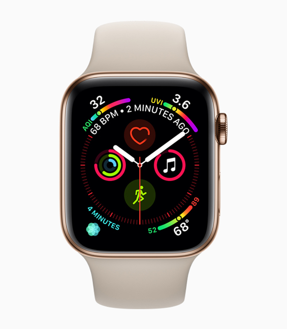 大きくなったアプリケーションアイコン、ボタン、フォントを示すApple Watch Series 4のディスプレイ。