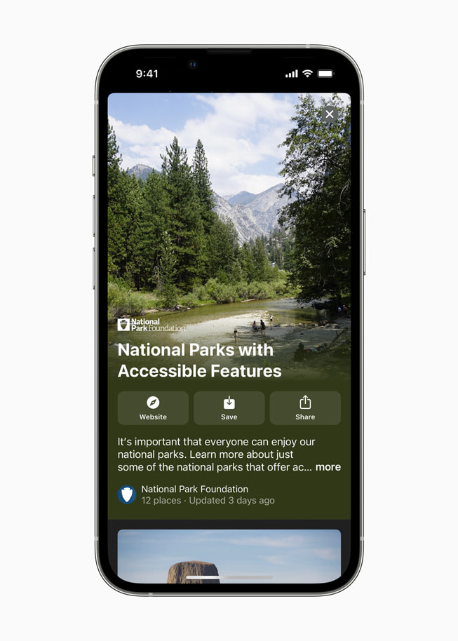 L’écran d’un iPhone affiche Park Access for All, un nouveau guide élaboré par la National Park Foundation, disponible dès maintenant dans Apple Plans.