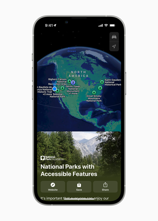 Lo schermo dell'iPhone mostra Park Access for All, una nuova guida della National Park Foundation ora disponibile su Apple Maps.