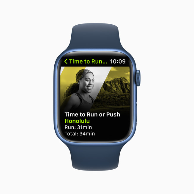 An Apple Watch screen shows a Time to Run or Push workout in Apple Fitness+.