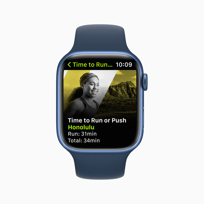 An Apple Watch screen shows a Time to Run or Push workout in Apple Fitness+.