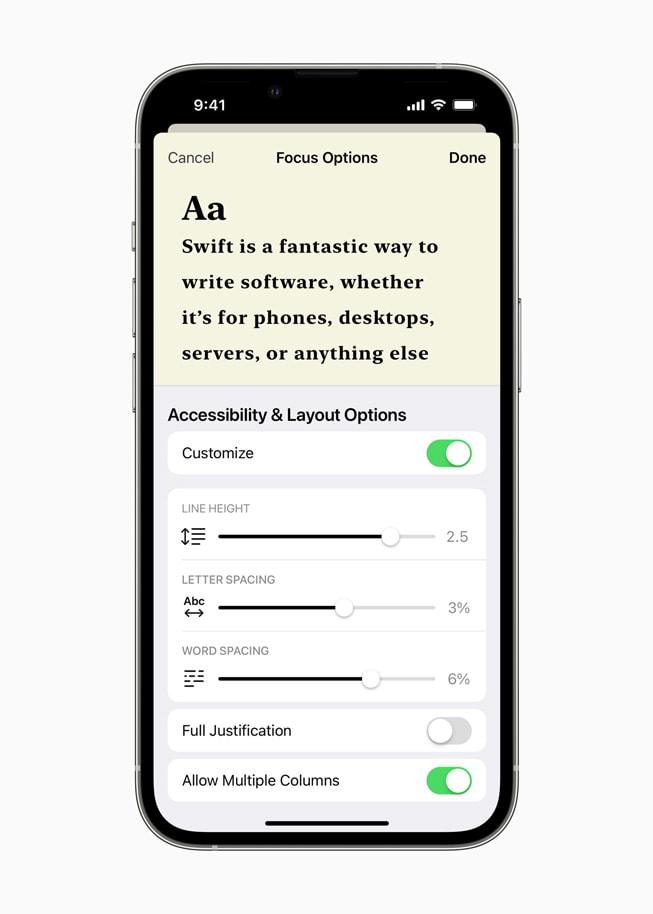 L’app Livres affichant de nouveaux thèmes et réglages personnalisables.